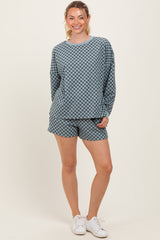 Dark Teal Checkered Plaid Pullover Shorts Maternity Set