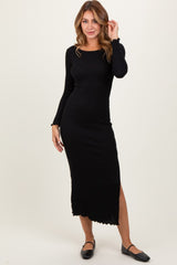Black Knit Side Slit Lettuce Trim Maxi Dress