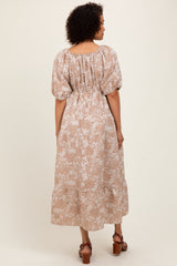 Camel Floral Tiered Puff Sleeve Midi Dress