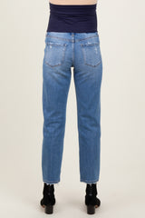 maternity wear light wash straight leg jeans with a raw hem, model shown from the back