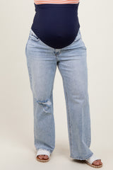 Light Blue Acid Wash Open Knee Wide Leg Maternity Plus Jeans