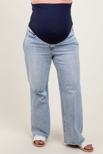 Light Blue Acid Wash Open Knee Wide Leg Maternity Plus Jeans