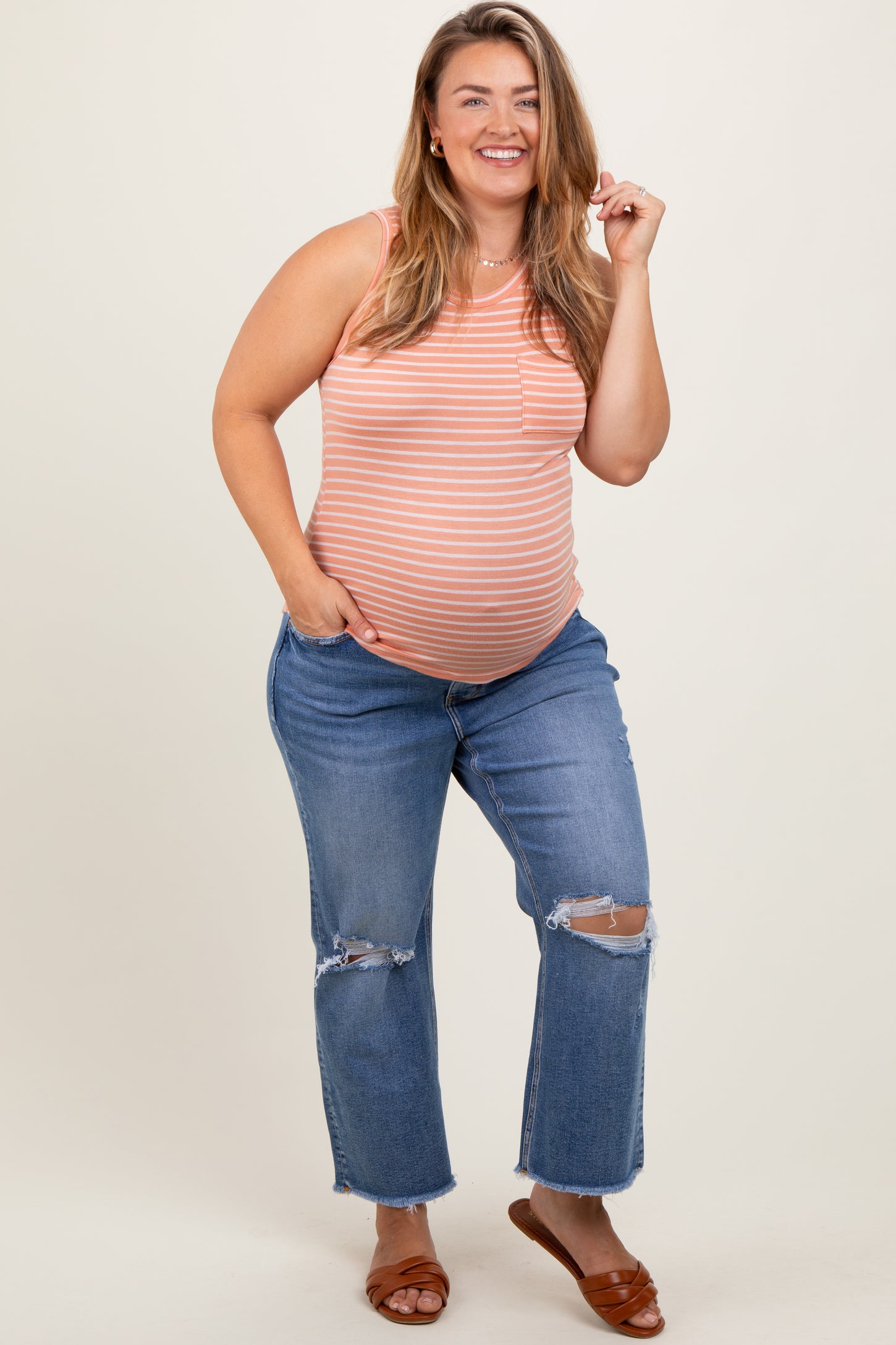 Blue Open Knee Fringe Hem Cropped Wide Leg Maternity Plus Jeans