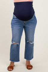Blue Open Knee Fringe Hem Cropped Wide Leg Maternity Plus Jeans