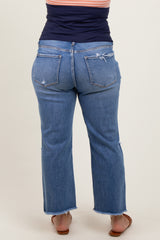 Blue Open Knee Fringe Hem Cropped Wide Leg Maternity Plus Jeans