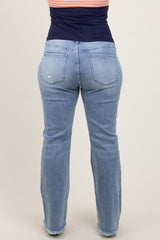 Light Blue Distressed Fringe Hem Flare Leg Maternity Plus Jeans