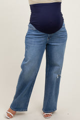 Blue Distressed Open Knee Wide Leg Maternity Plus Jeans