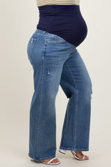 Blue Distressed Open Knee Wide Leg Maternity Plus Jeans