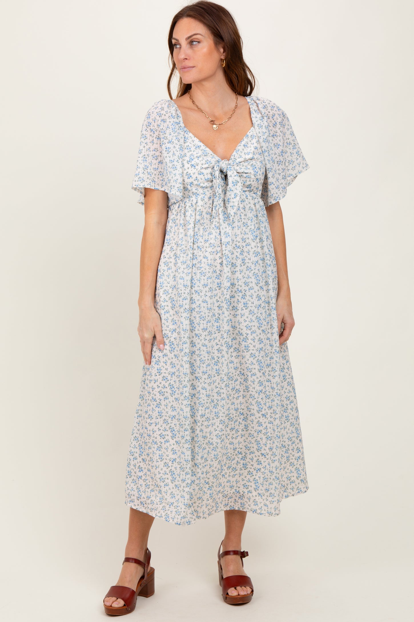 Blue Floral Front Tie Maternity Midi Dress