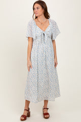 Blue Floral Front Tie Maternity Midi Dress