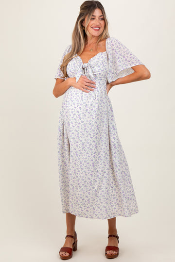 Lavender Floral Front Tie Maternity Midi Dress