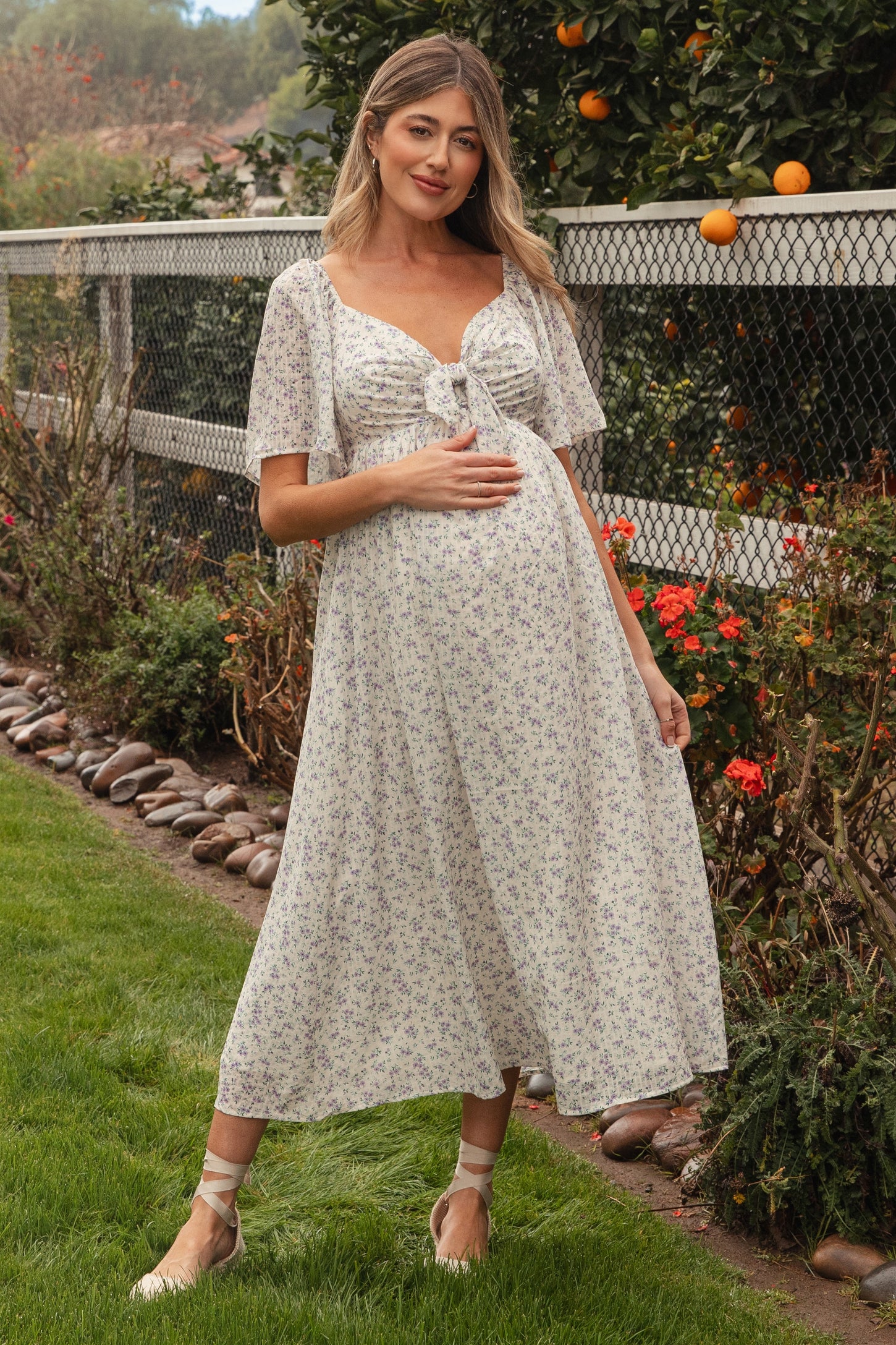 Lavender Floral Front Tie Maternity Midi Dress
