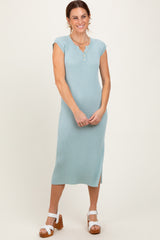 Light Olive Ribbed Knit Button Up Sleeveless Maternity Midi Dress