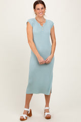 Light Olive Ribbed Knit Button Up Sleeveless Maternity Midi Dress