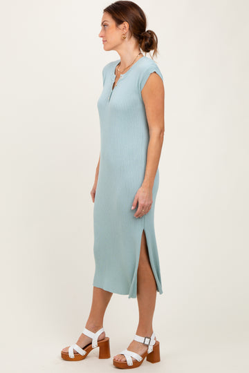 Light Olive Ribbed Knit Button Up Sleeveless Midi Dress