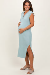 Light Olive Ribbed Knit Button Up Sleeveless Maternity Midi Dress