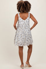 Blue Floral Plisse Texture Maternity Mini Dress