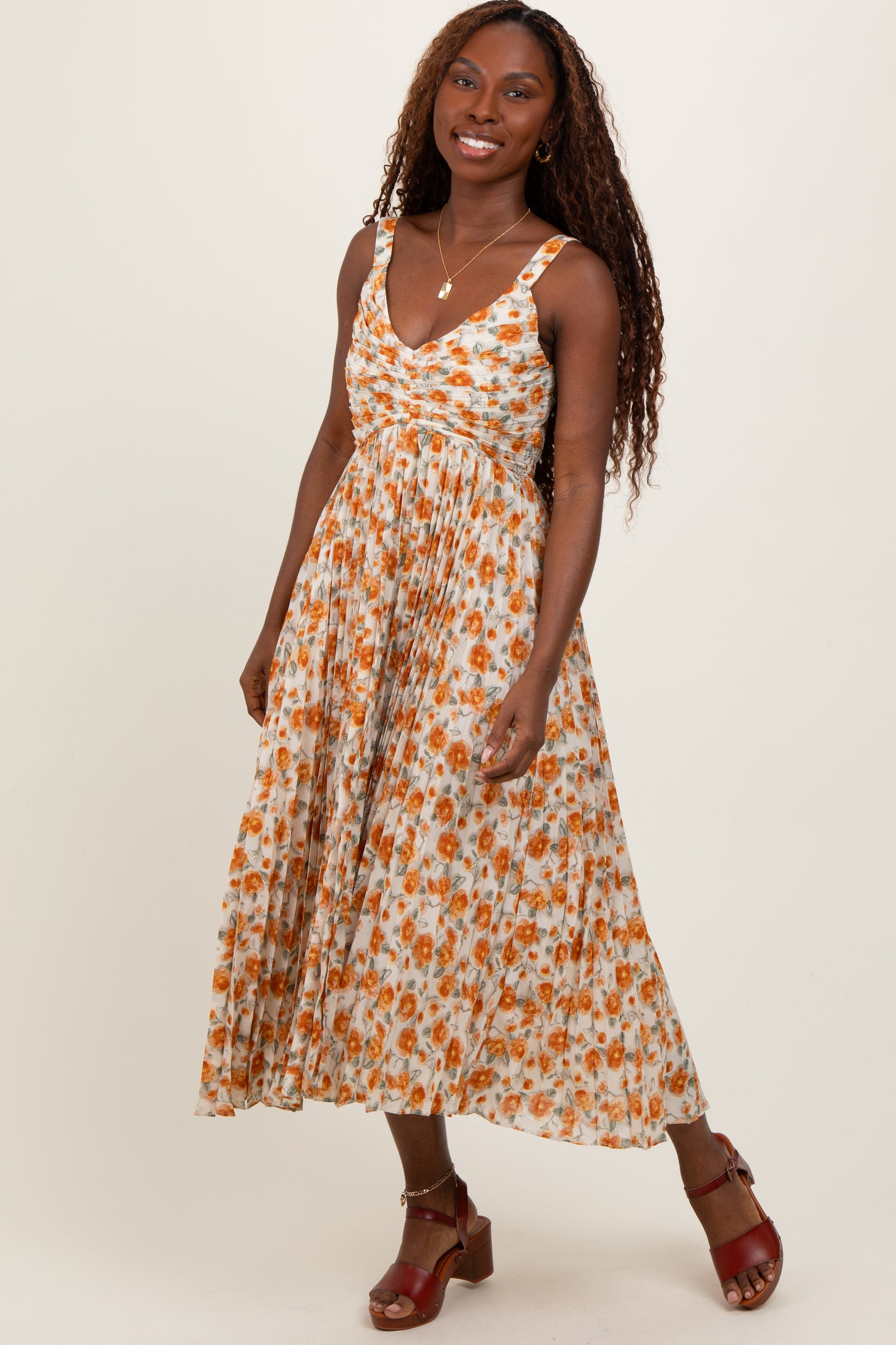 Peach Floral Pleated Maternity Midi Dress