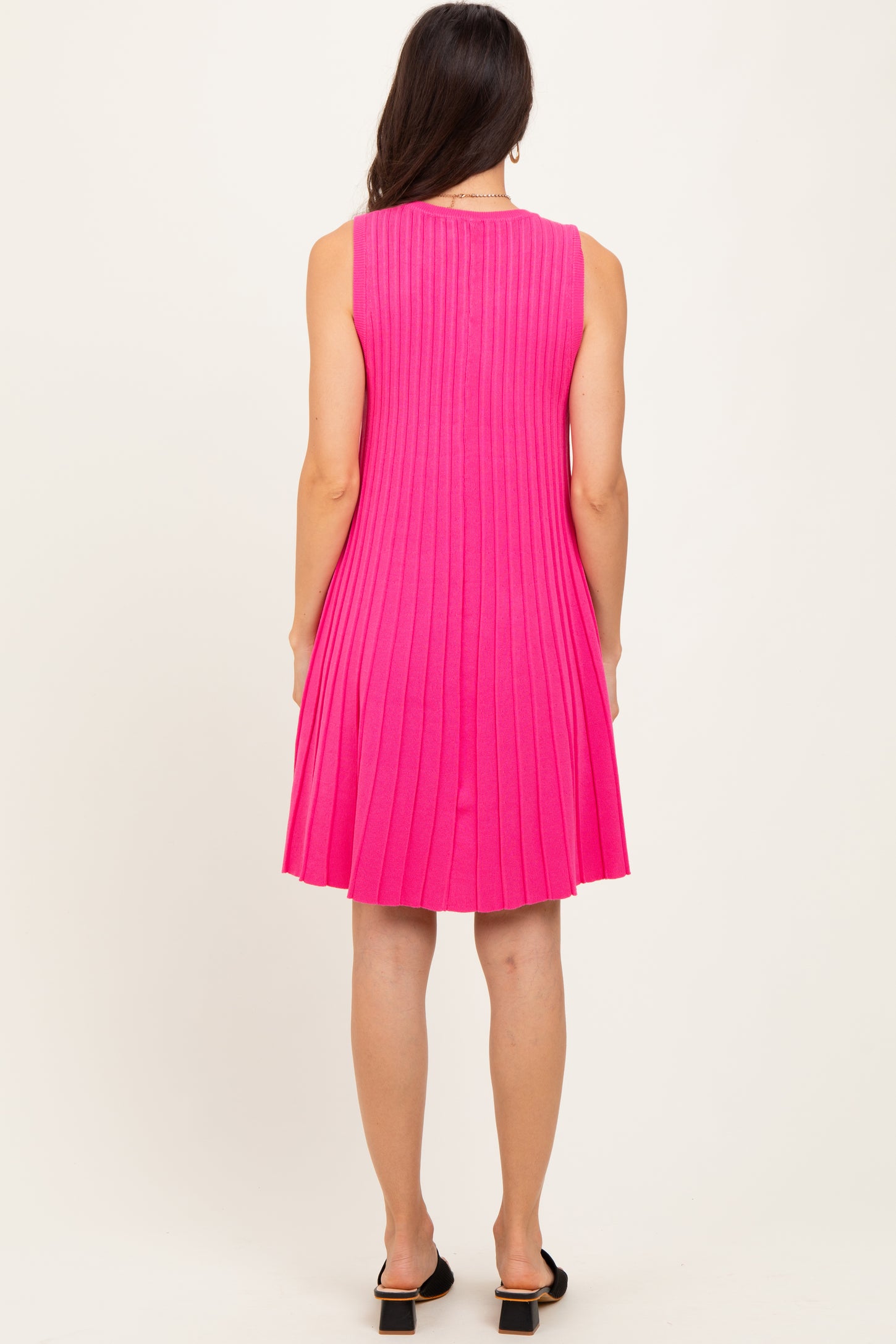Fuchsia Ribbed Pleated Knit Sleeveless Mini Dress