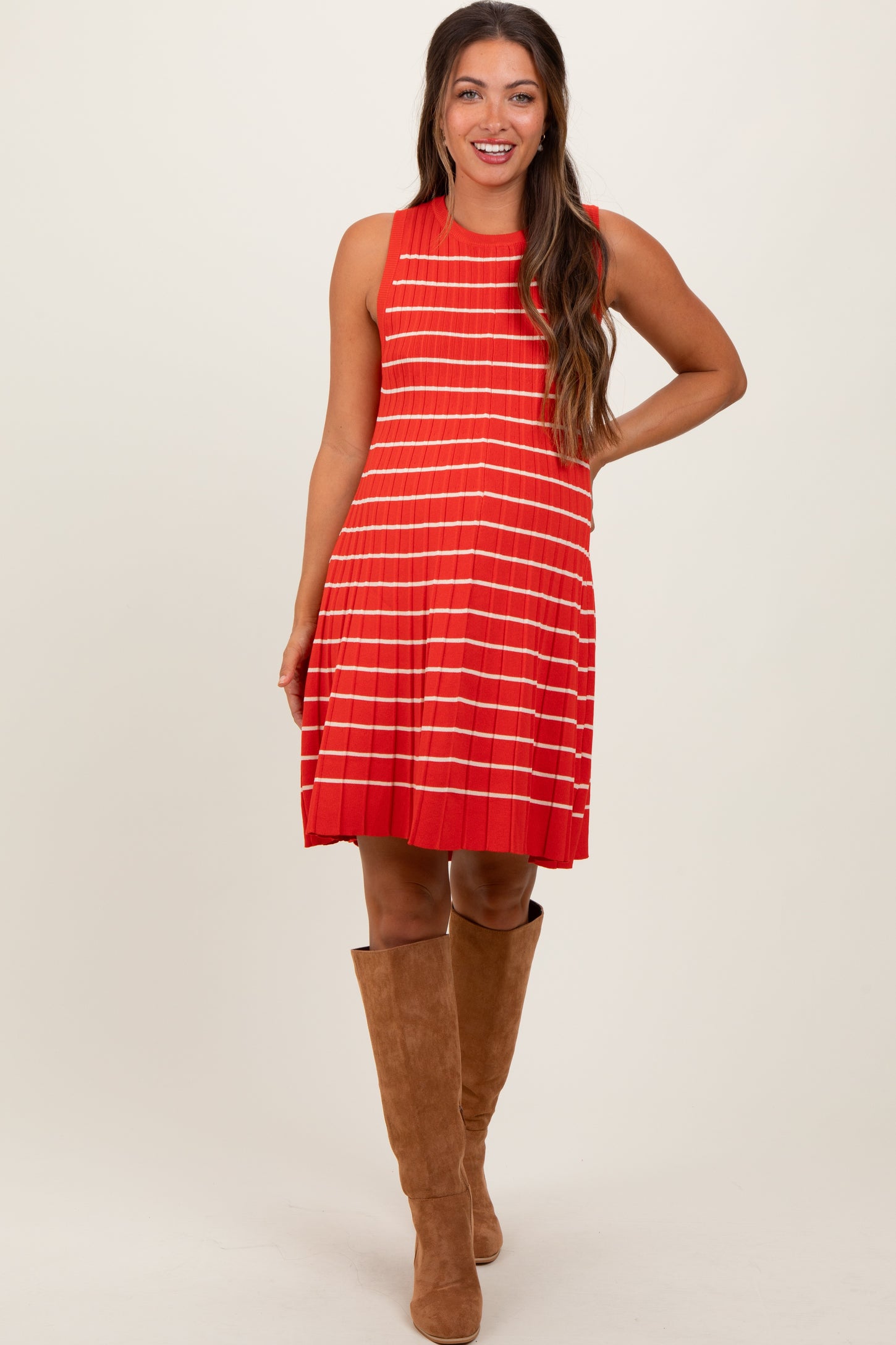 Orange Ribbed Pleated Knit Sleeveless Maternity Mini Dress