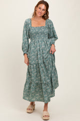 Light Olive Floral Smocked Square Neck Maxi Dress