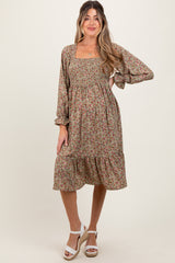 Olive Floral Smocked Velvet Back Tie Maternity Midi Dress