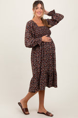 Black Floral Smocked Velvet Back Tie Maternity Midi Dress