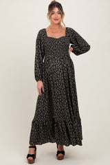 Black Floral Smocked Lace Trim Sweetheart Maternity Maxi Dress