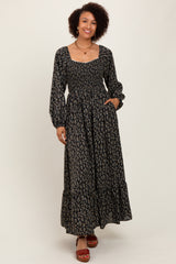 Black Floral Smocked Lace Trim Sweetheart Maxi Dress