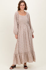 Pink Floral Smocked Lace Trim Sweetheart Maxi Dress