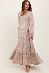 Pink Floral Smocked Lace Trim Sweetheart Maternity Maxi Dress