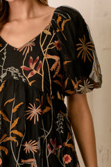 Black Embroidered Floral Mesh Overlay Midi Dress