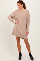 Beige Turtleneck Colorblock Contrast Trim Maternity Sweater Dress