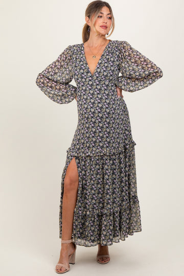 Black Floral Chiffon V-Neck Ruffle Tiered Maternity Maxi Dress