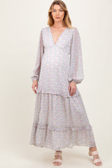 Ivory Floral Chiffon V-Neck Ruffle Tiered Maternity Maxi Dress