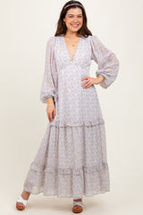 Ivory Floral Chiffon V-Neck Ruffle Tiered Maxi Dress