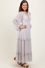 Ivory Floral Chiffon V-Neck Ruffle Tiered Maxi Dress