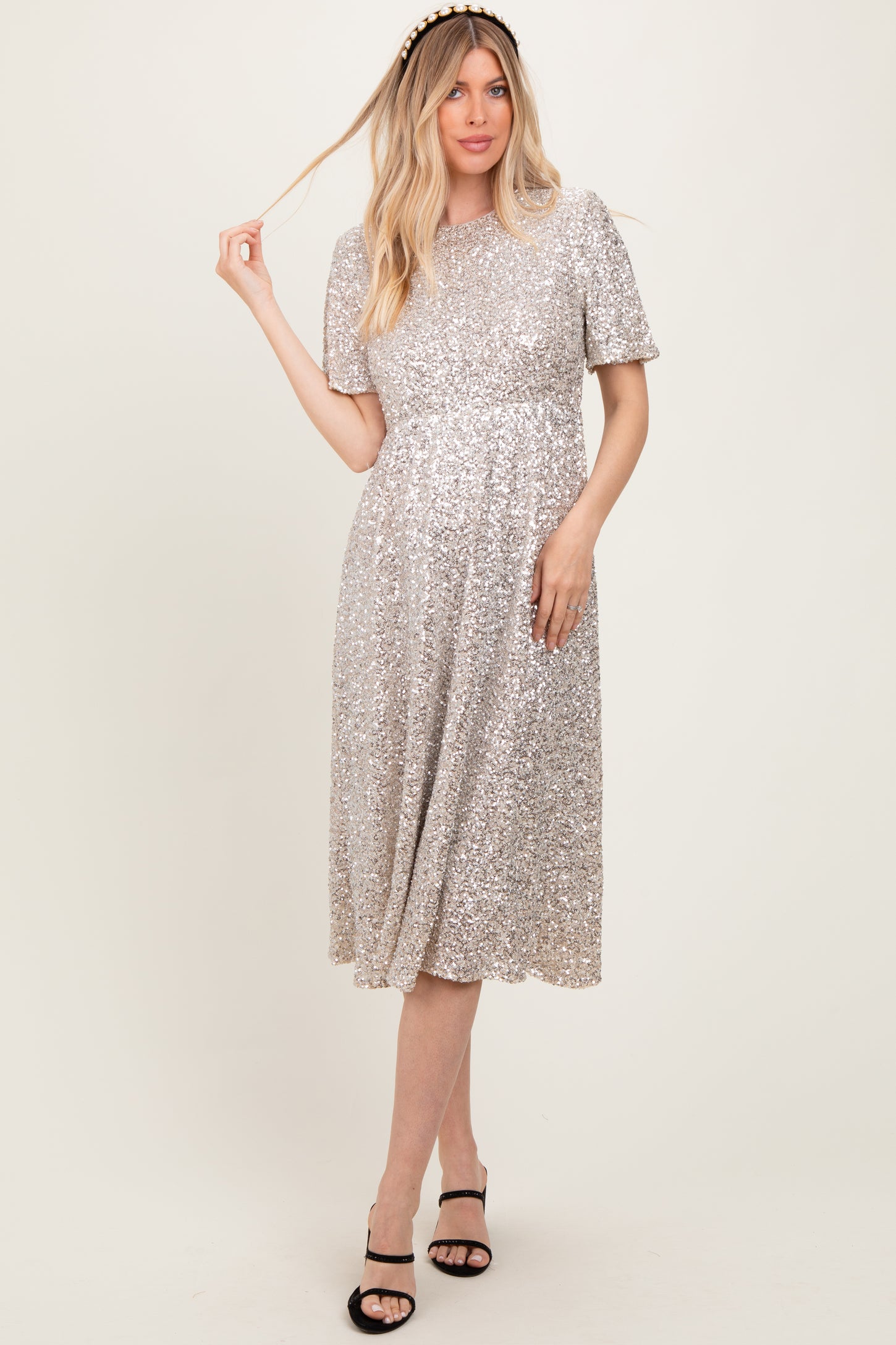 Gold Sequin Short Sleeve Maternity Midi Dress