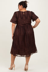 Brown Floral Embroidered Mesh Overlay Smocked Plus Midi Dress