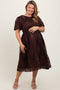 Brown Floral Embroidered Mesh Overlay Smocked Maternity Plus Midi Dress