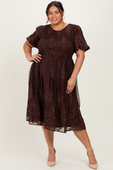 Brown Floral Embroidered Mesh Overlay Smocked Plus Midi Dress