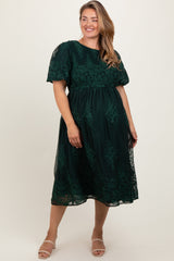 Forest Green Floral Embroidered Mesh Overlay Smocked Maternity Plus Midi Dress