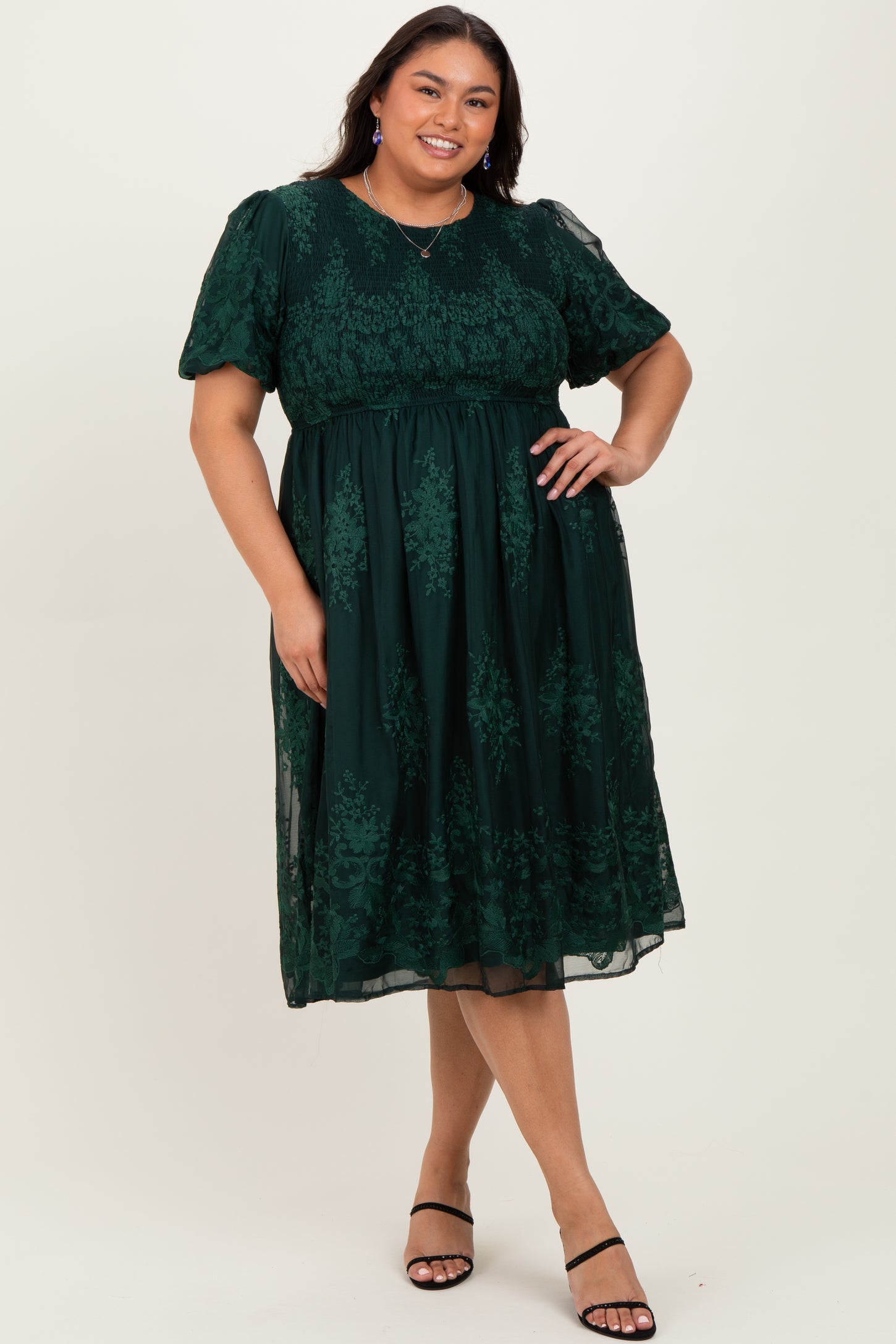 Forest Green Floral Embroidered Mesh Overlay Smocked Plus Midi Dress