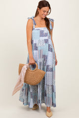 Blue Patchwork Print Shoulder Tie Tiered Maternity Maxi Dress
