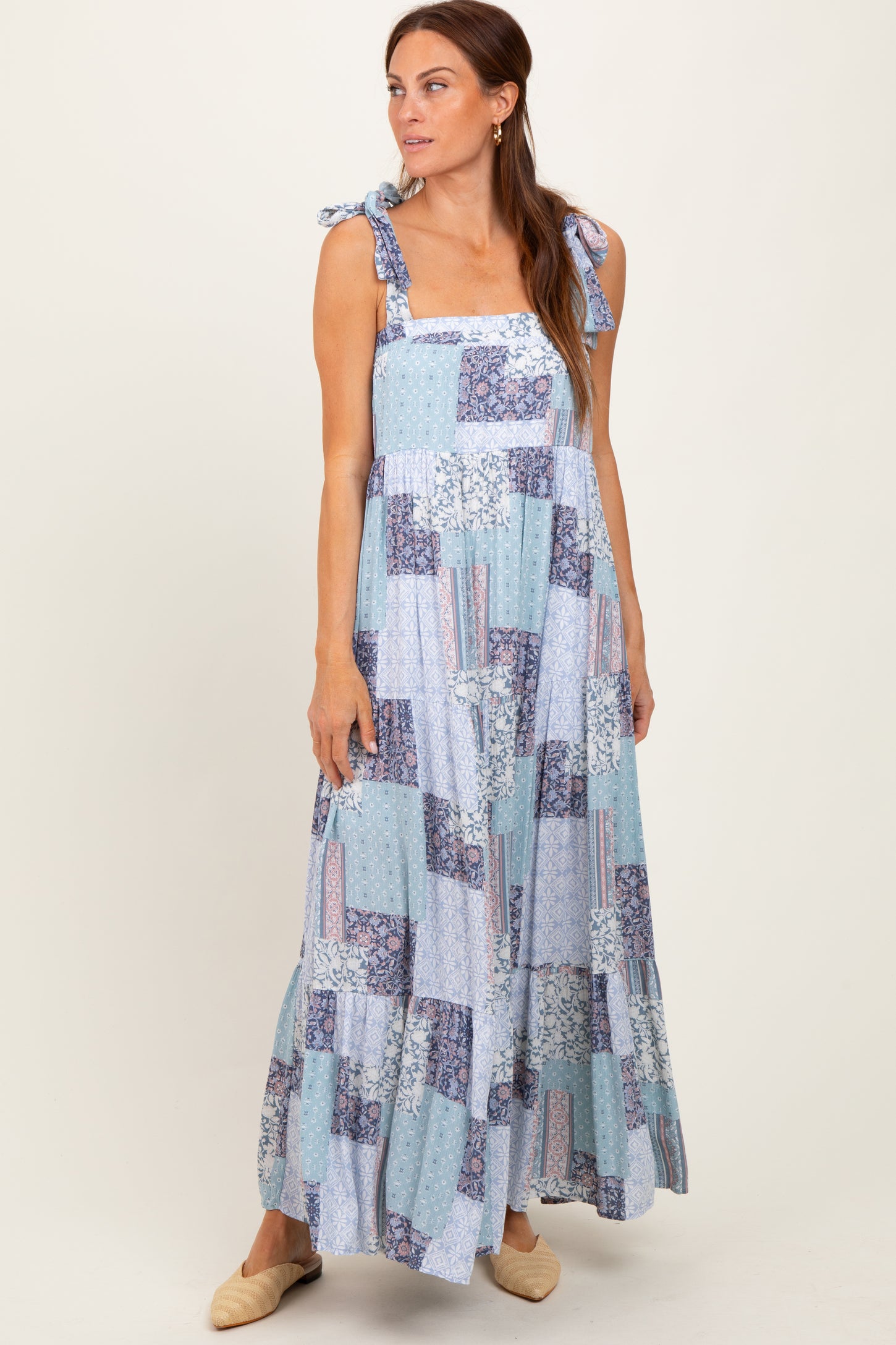 Blue Patchwork Print Shoulder Tie Tiered Maxi Dress