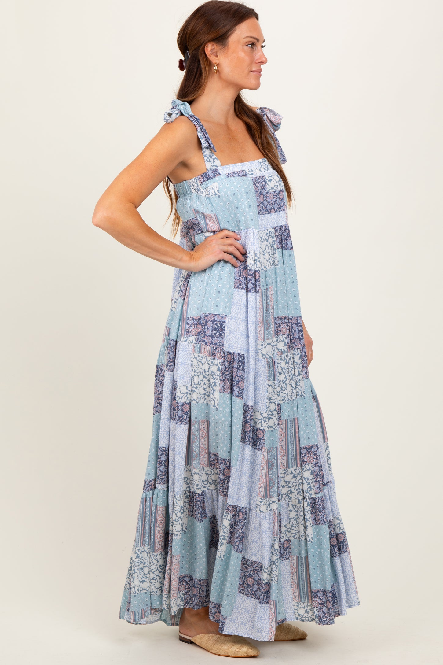 Blue Patchwork Print Shoulder Tie Tiered Maxi Dress