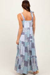 Blue Patchwork Print Shoulder Tie Tiered Maxi Dress