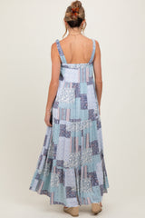 Blue Patchwork Print Shoulder Tie Tiered Maternity Maxi Dress