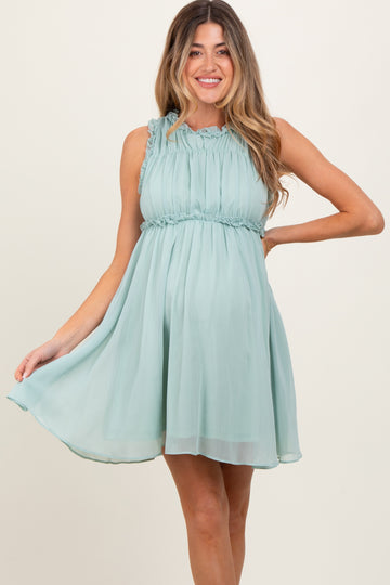 Light Olive Ruffle Detail Sleeveless Maternity Mini Dress