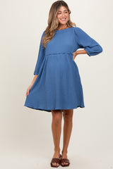 Blue Knit Ruffle Trim Maternity Dress
